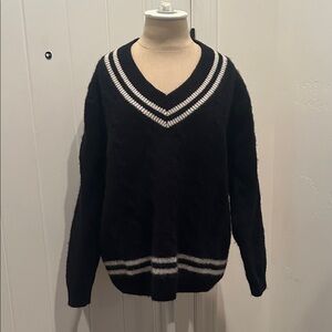 Brandy Meville V-Neck Black Wool Knit Sweater with White Stripes